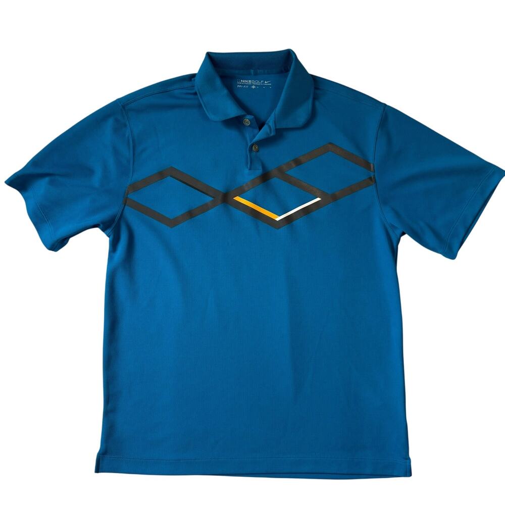 Nike Golf Polo Shirt Men's Medium Blue Diamond Graphic Black Yellow Accents
